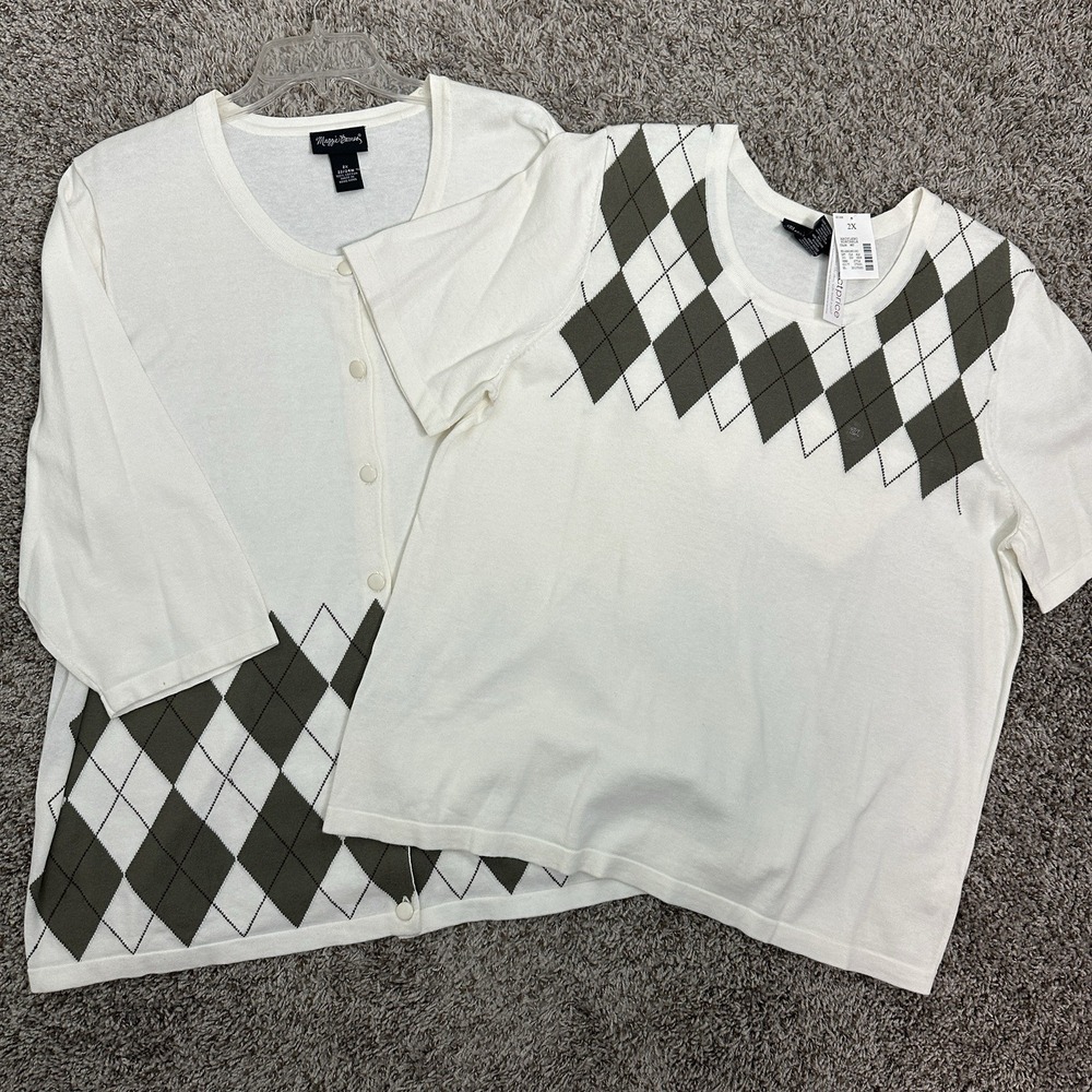 Maggie Barnes Shirt & Cardigan‎ Sweater Set Sz 2X (22/24W) Cotton Argyle Preppy